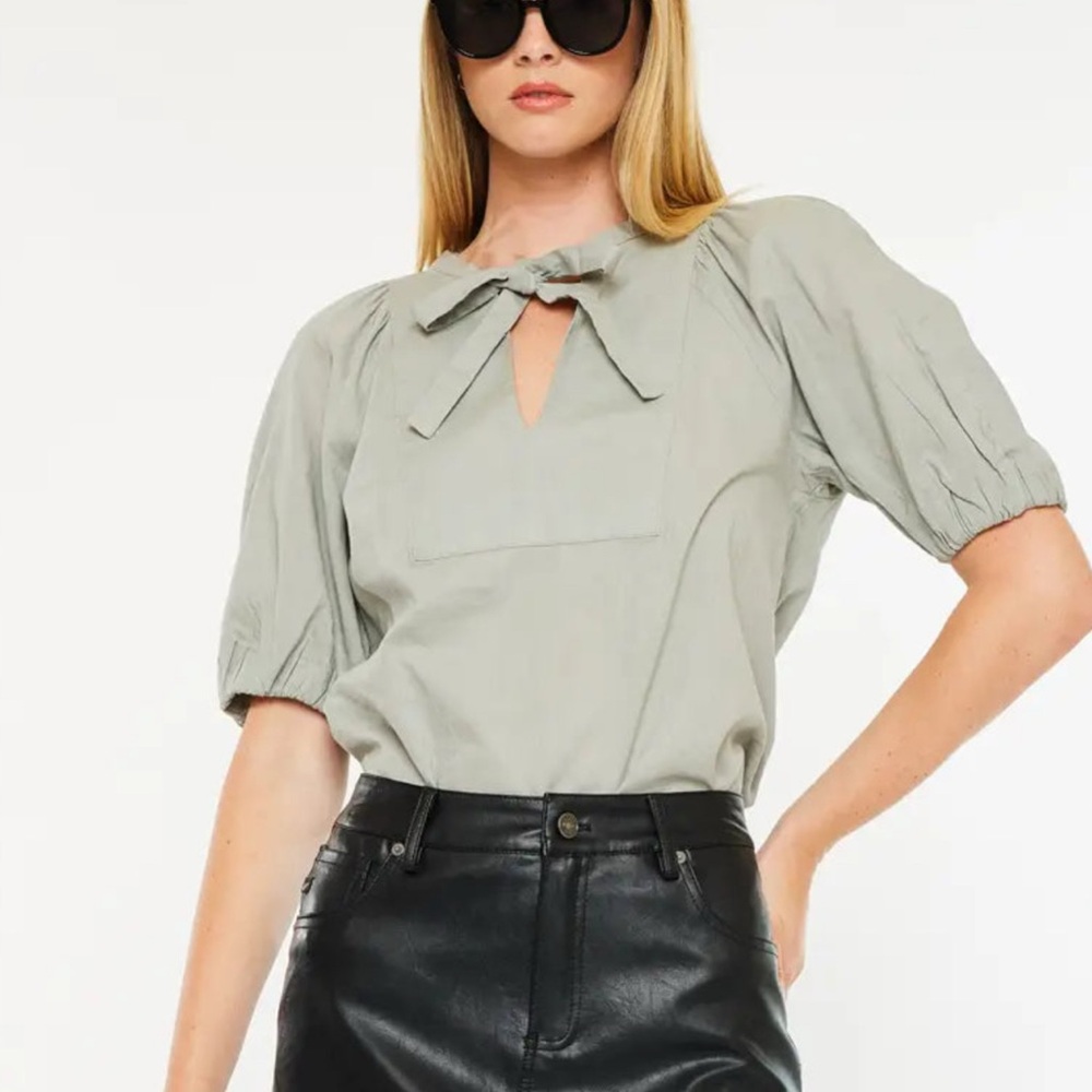 Women’s olive Linen-blend Blouse with Tie Neckline - size M - used once